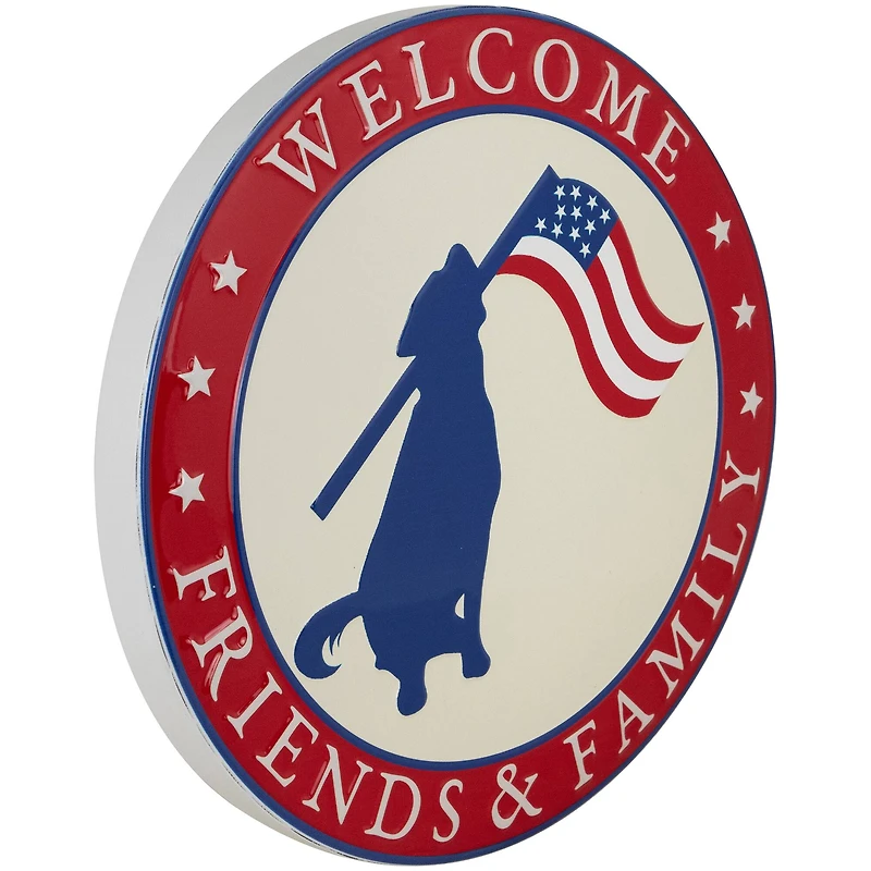 13.75" Welcome Friends & Family Patriotic Dog Metal Wall Sign