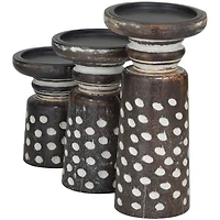 Dark Brown Mango Wood Round Carved Dotted Pillar Candle Holder Set