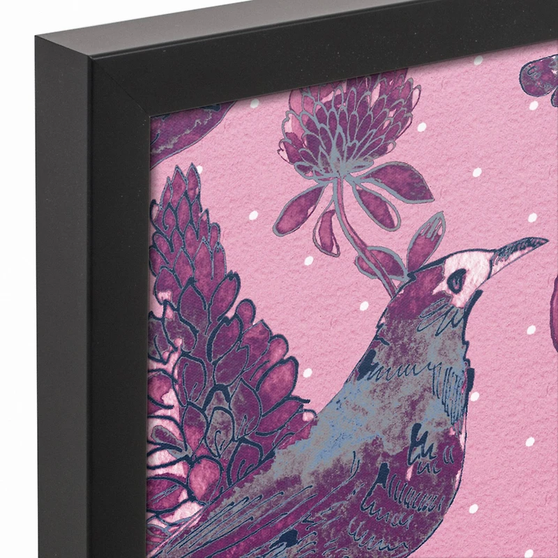 Pink Bird Scene 11" x 14" Black Framed Canvas