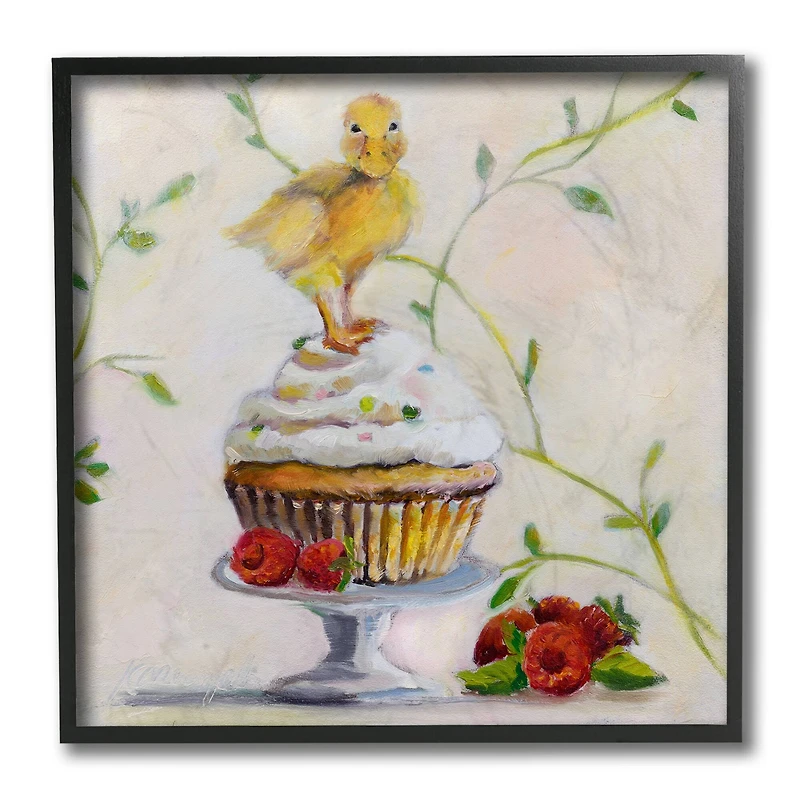 Stupell Industries Baby Duck on Raspberry Cupcake Dessert Painting, 12" x 12"