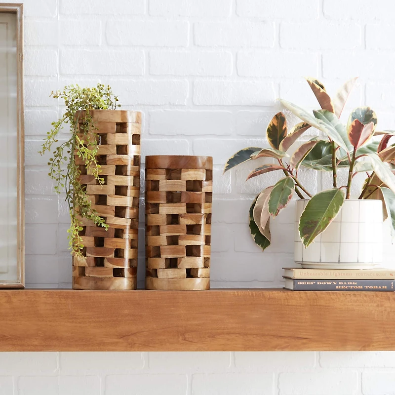 Brown Teak Wood Contemporary Style Vase, 16" x 6" x 6"