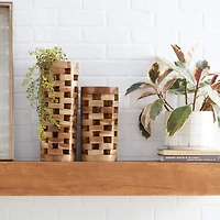 Brown Teak Wood Contemporary Style Vase, 16" x 6" x 6"