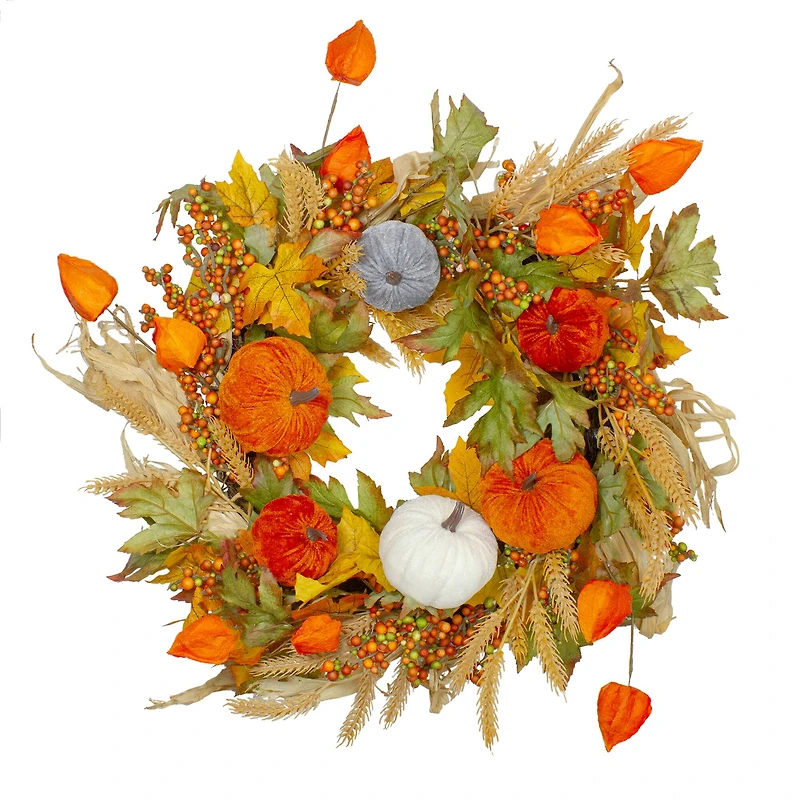 24" Velvet Pumpkins & Wheat Fall Harvest Wreath