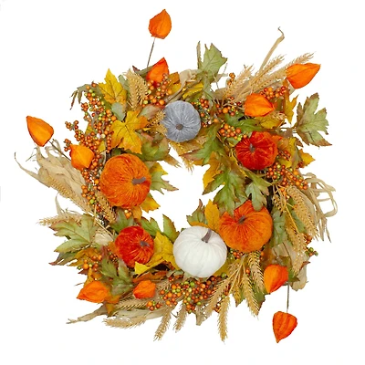 24" Velvet Pumpkins & Wheat Fall Harvest Wreath