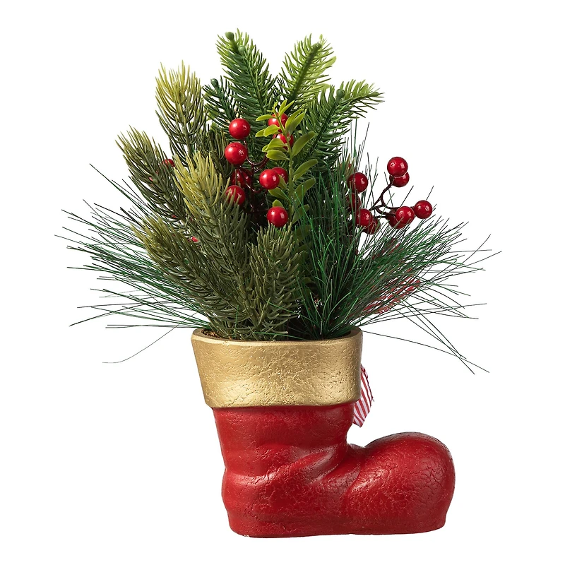 Glitzhome® 14" Christmas Red Boot with Pine Needle & Berry Centerpiece