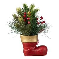 Glitzhome® 14" Christmas Red Boot with Pine Needle & Berry Centerpiece