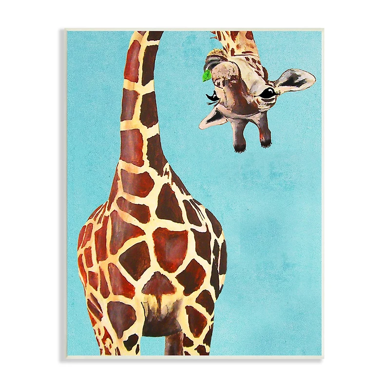 Stupell Industries Curious Upside Down Giraffe Chewing Leaves on Blue Background, 13" x 19"