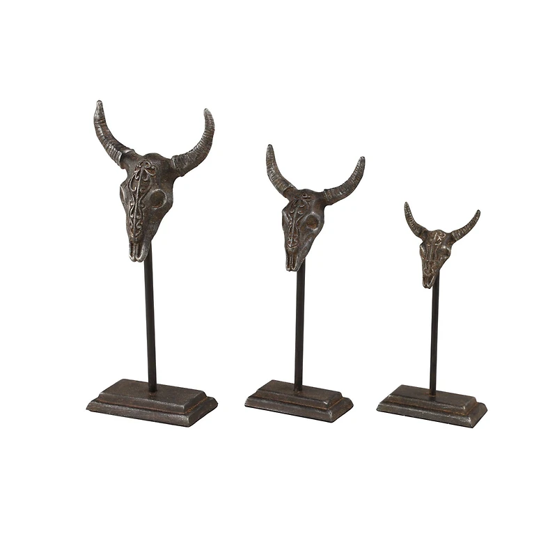 Set of 3 Grey Metal Eclectic Bull Sculpture, 15", 12", 10"