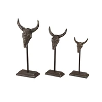 Set of 3 Grey Metal Eclectic Bull Sculpture, 15", 12", 10"