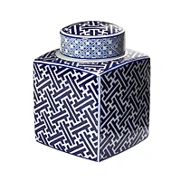 Hello Honey® 8.5" Blue and White Decorative Stoneware Ginger Jar with Lid