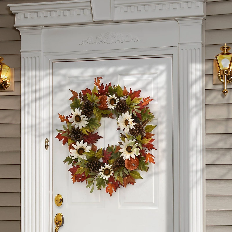 32" White Harvest Sunflowers & Pumpkins Wreath