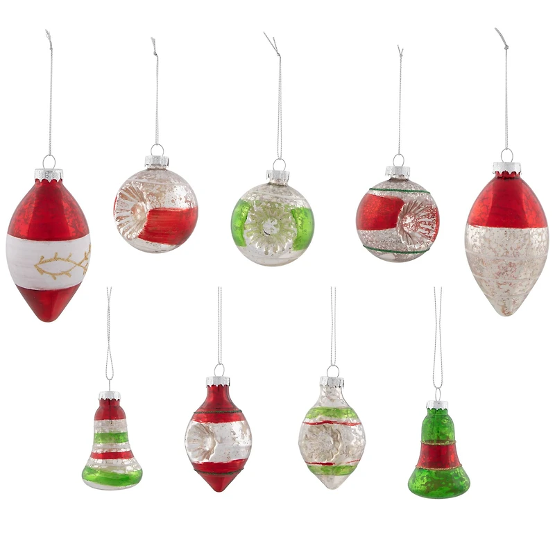 9ct. 3.25" 2-Finish Silver, Red & Green Glass Ornaments