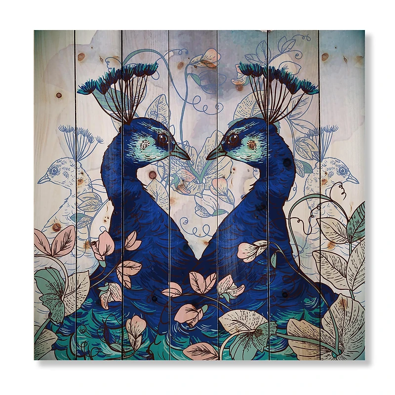 Designart - Two Blue Peacocks With Wildflowers