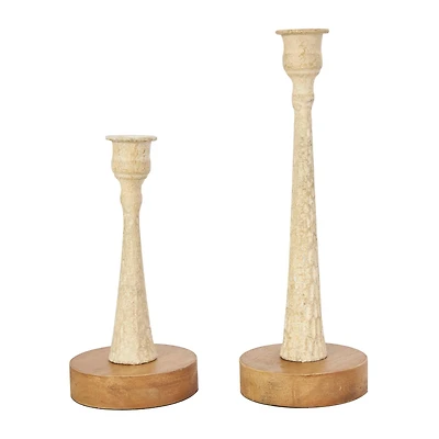 Cream Metal Textured Tapered Taper Candle Holder with Brown Wood Bases Set