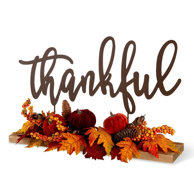 24" GlitzHome® Thankful Floral Tabletop Sign
