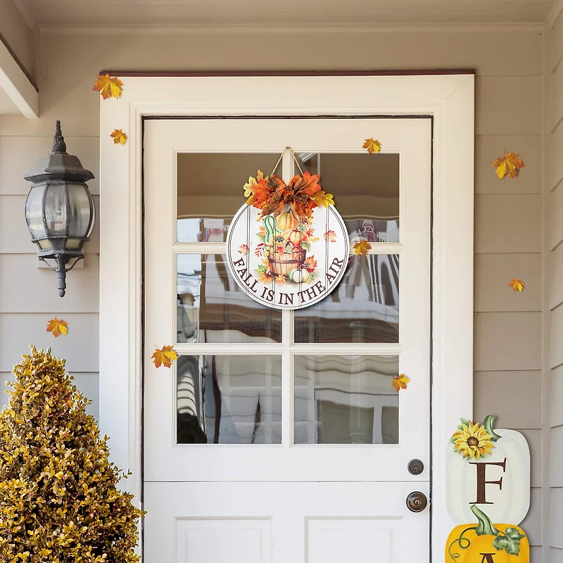 Glitzhome® 15" Fall Wood Round Word Sign Door Hanger
