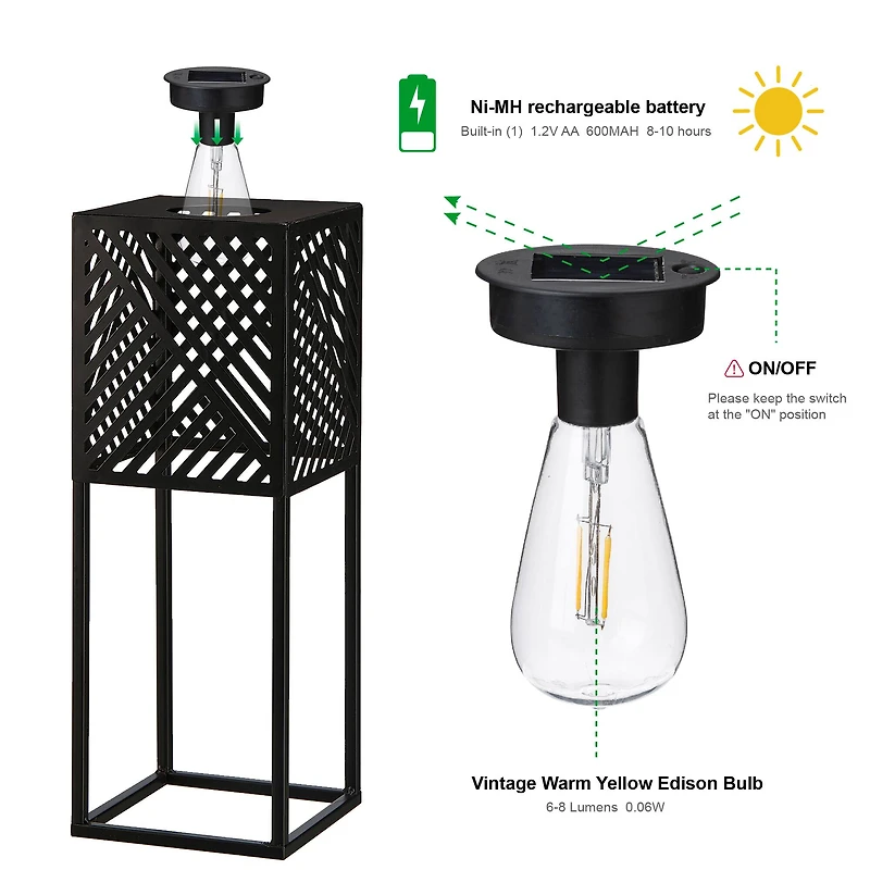 Glitzhome® Black Metal Stripes Geometric Solar Powered Edison Bulb Outdoor Lantern Set
