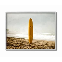 Stupell Industries Yellow Surfboard in Sand Gray Framed Wall Art