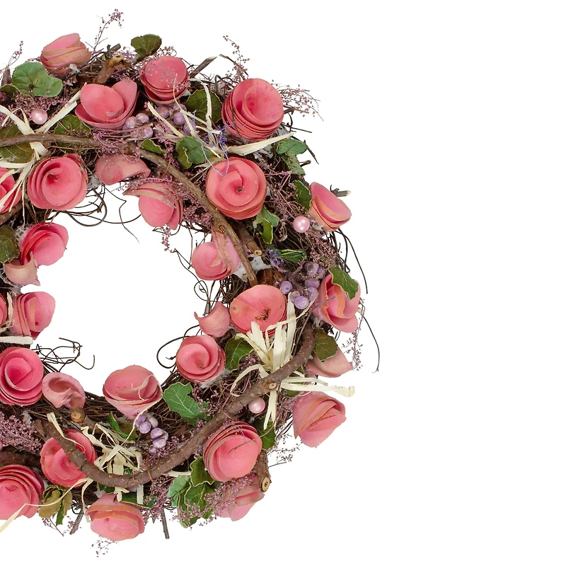 12.5" Pink Flowers & Berries with Green Leaves & Twigs Spring Wreath