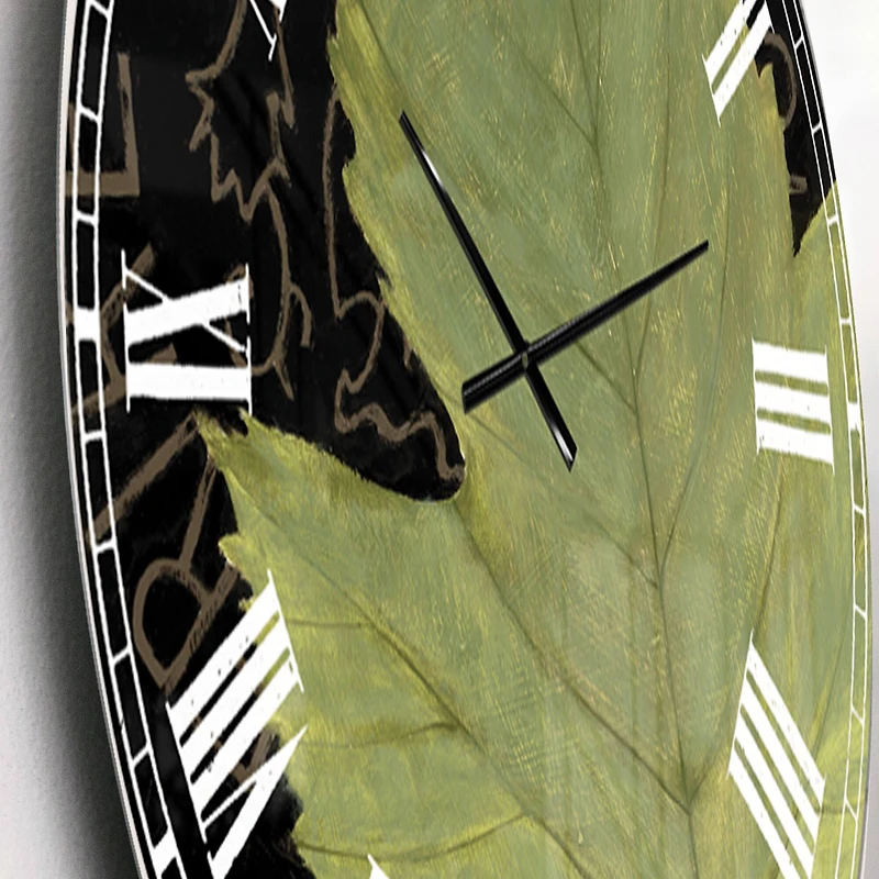 Designart 'Handpainted Green Leaf On Black Traditional Wall Clock