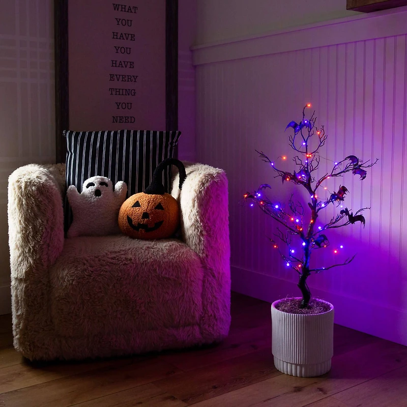 3ft. Pre-Lit Artificial Halloween Black Spooky Twig Tree with Bats and 100 Orange & Purple LED Lights