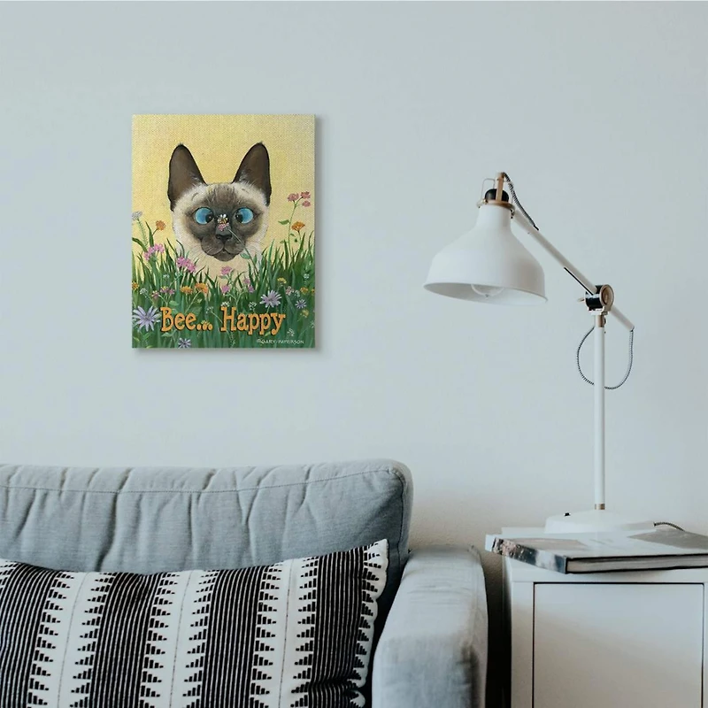 Stupell Industries Bee Happy Funny Cat Cartoon Pet Design Canvas Wall Art