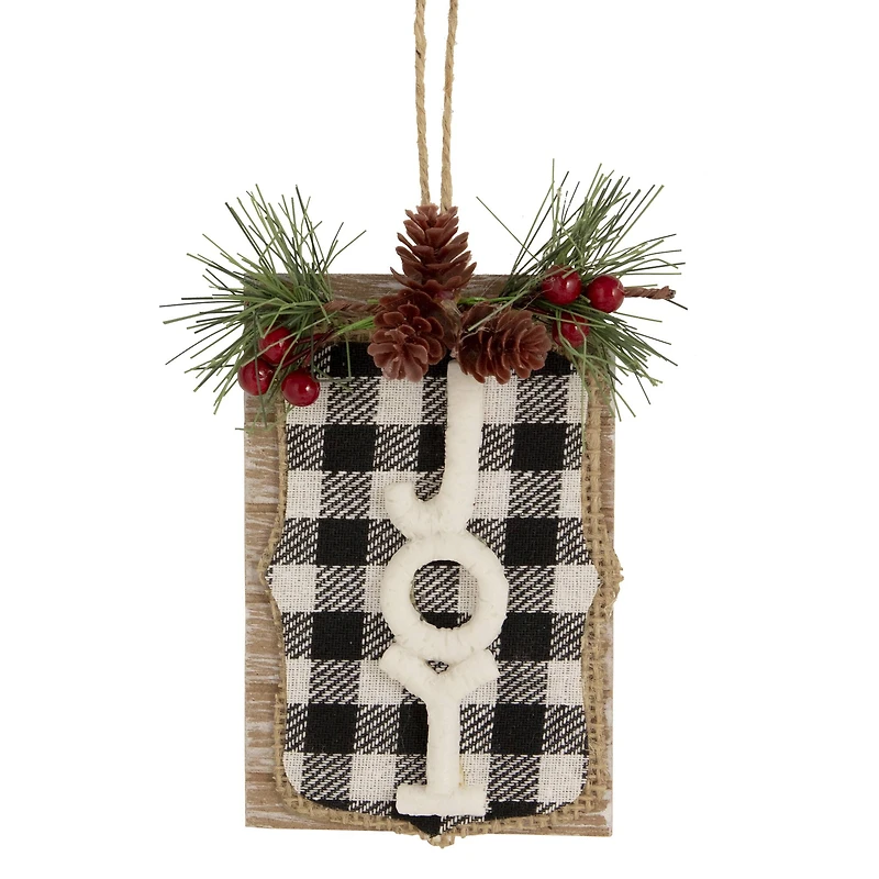 4.75" Black and White Buffalo Plaid Joy Pinecone Christmas Sign Ornament