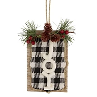 4.75" Black and White Buffalo Plaid Joy Pinecone Christmas Sign Ornament