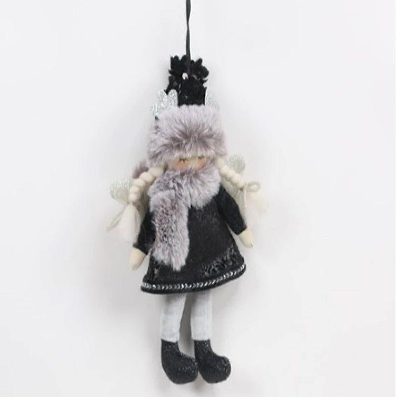 Plush Winter Angel Girl Hanging Christmas Ornament - 8.5" - Gray and Black