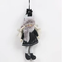 Plush Winter Angel Girl Hanging Christmas Ornament - 8.5" - Gray and Black
