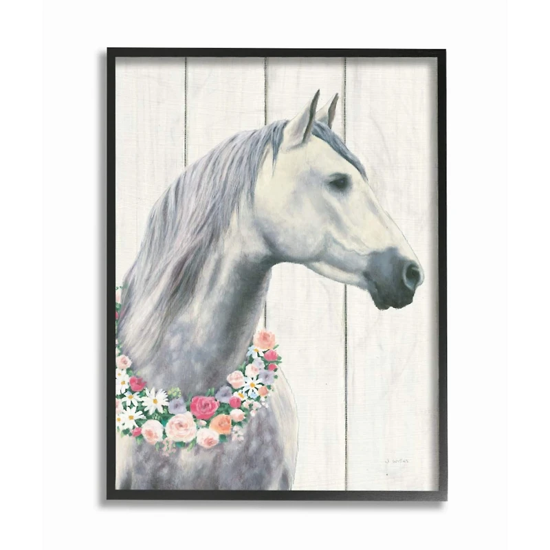Stupell Industries Spirit Stallion Horse With Flower Wreath Wall Art in Black Frame
