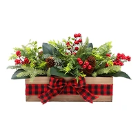 17" Christmas Classic Cypress, Pinecone & Berry Centerpiece in Wood Planter with Red Buffalo Check Bow