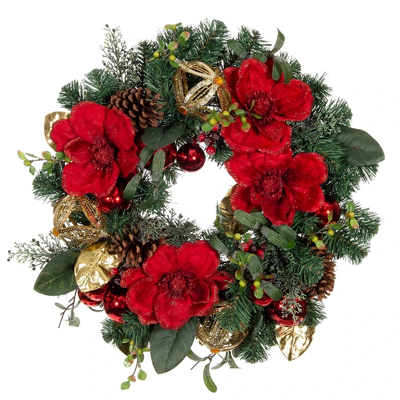 Village Lighting 24" Pre-Lit Red Magnolia Christmas Wreath, Clear LED Lights