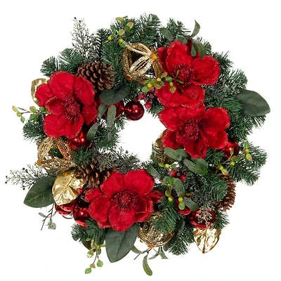 Village Lighting 24" Pre-Lit Red Magnolia Christmas Wreath, Clear LED Lights