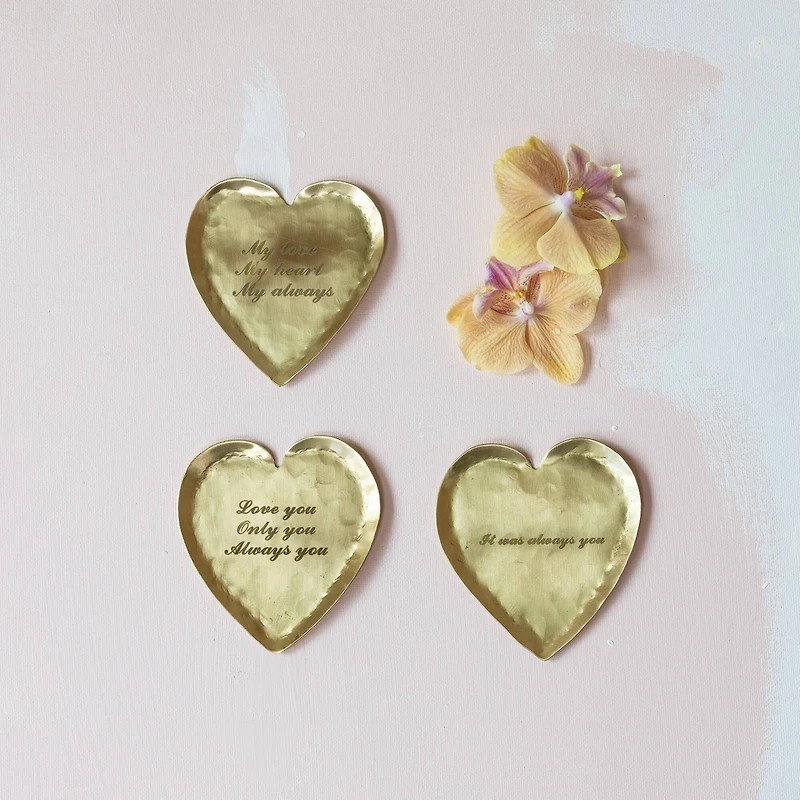 Hello Honey® 3.75" Decorative Brass Heart-Shaped Dish with Sayings Set