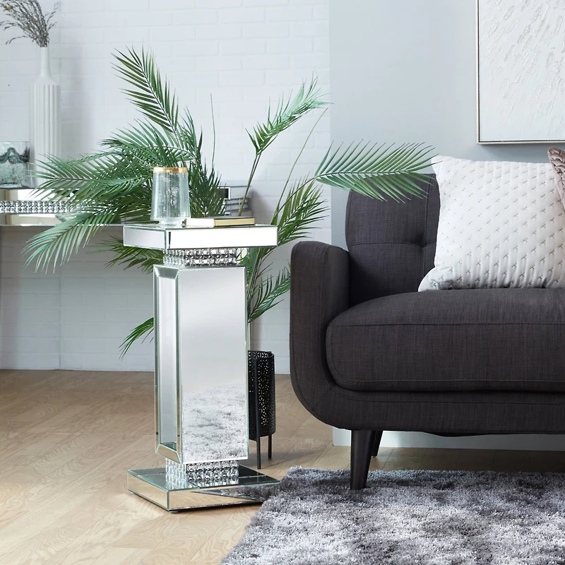 Silver MDF Wood Glam Pedestal Table, 12" x 12" x 28"