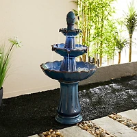 Glitzhome® 45" 3-Tier LED Turquoise Pedestal Lotus Ceramic Outdoor Floor Fountain