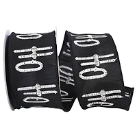 JAM Paper 2.5" x 10yd. Black & White Ho-Ho-Ho Embroidered Dupioni Wired Ribbon