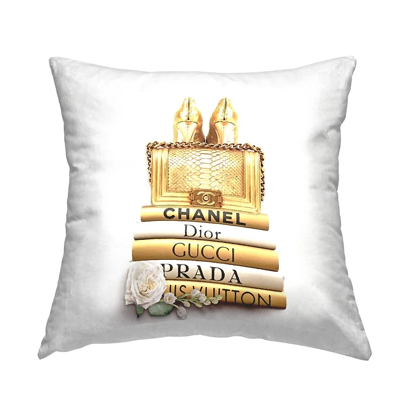 Stupell Industries Radiant Upscale Fashion Purse Designer Bookstack Throw Pillow, 18" x 18"
