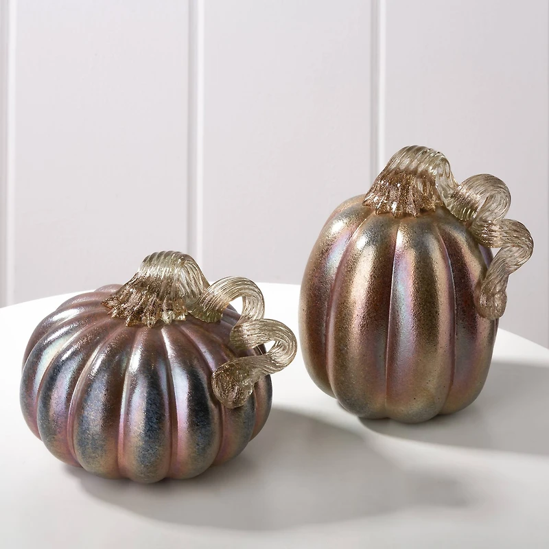 Glitzhome® 5" Blue & Gold Glittery Glass Pumpkin, 2ct.