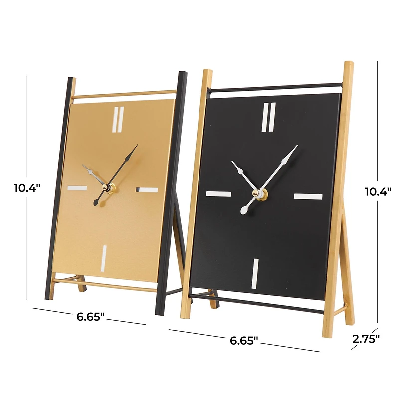 CosmoLiving by Cosmopolitan 10" Black Metal Rectangular Angled Clock Set with Gold Accents & Cutout Tick Hour Markers