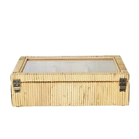 12" x 9" x 4" Brown Hand-Wrapped Rattan 6-Slot Jewelry Box with Tempered Glass Top