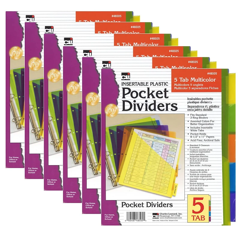 Charles Leonard 5-Tab Index Dividers with Pockets, 6 Packs of 5