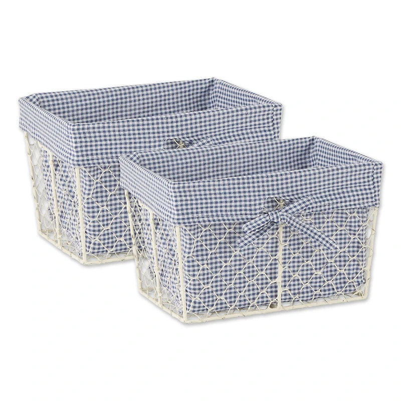DII® Medium Antique White Chicken Wire Basket with French Blue & White Gingham Check Liner, 2ct.