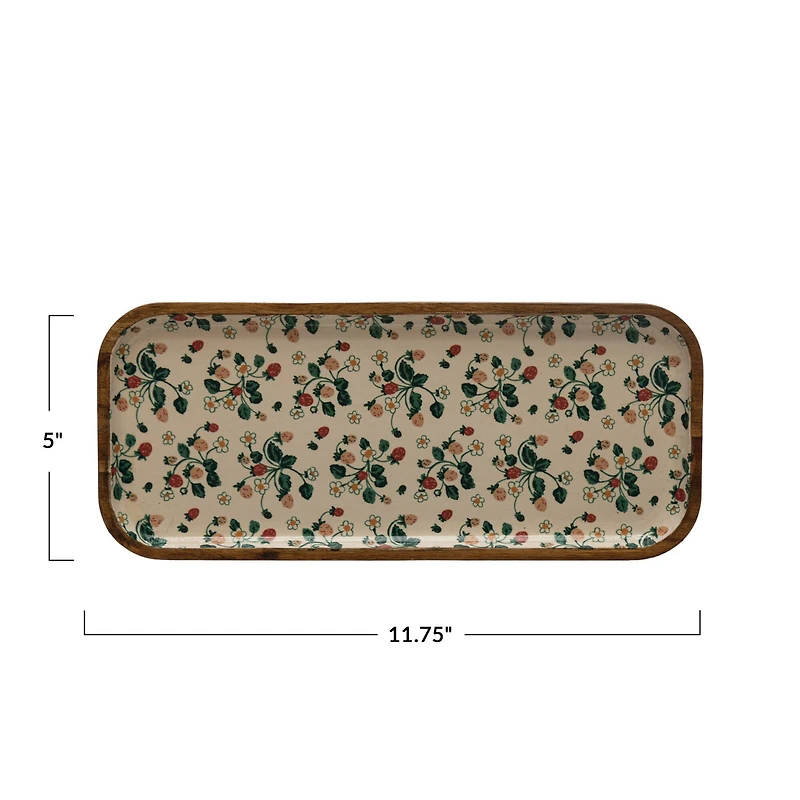Hello Honey® 12" Strawberry Floral Pattern Enameled Acacia Wood Tray