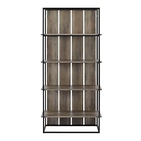 Walker Edison 64" Graywash & Black Metal Farmhouse Plank Back Bookshelf