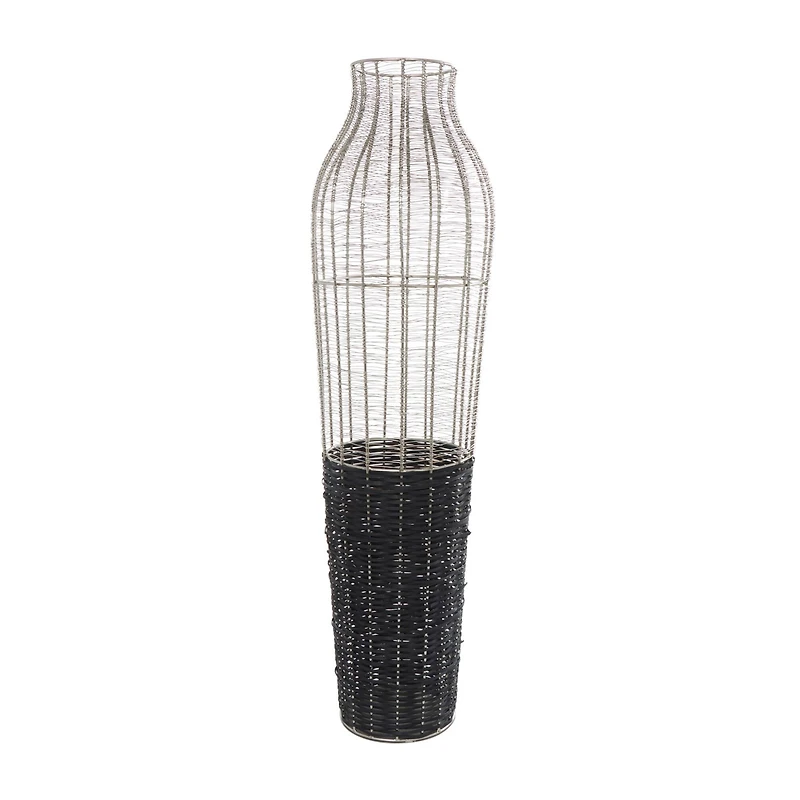 36" Silver Metal Vase with Woven Black Rattan Base