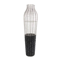 36" Silver Metal Vase with Woven Black Rattan Base