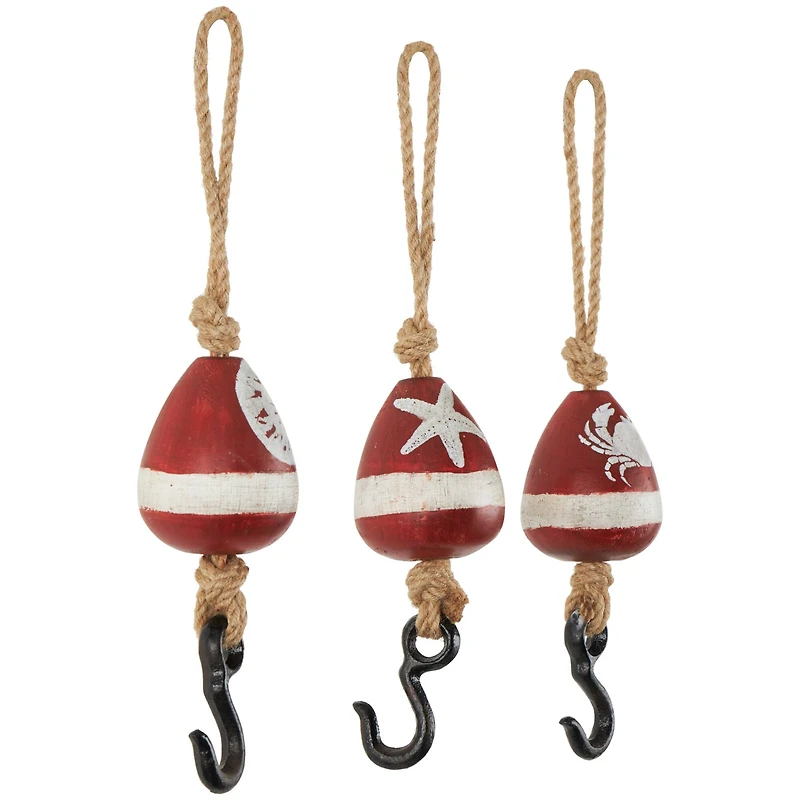 Red Wood Buoy Wall Hook with Jute Rope and Metal Hook Set