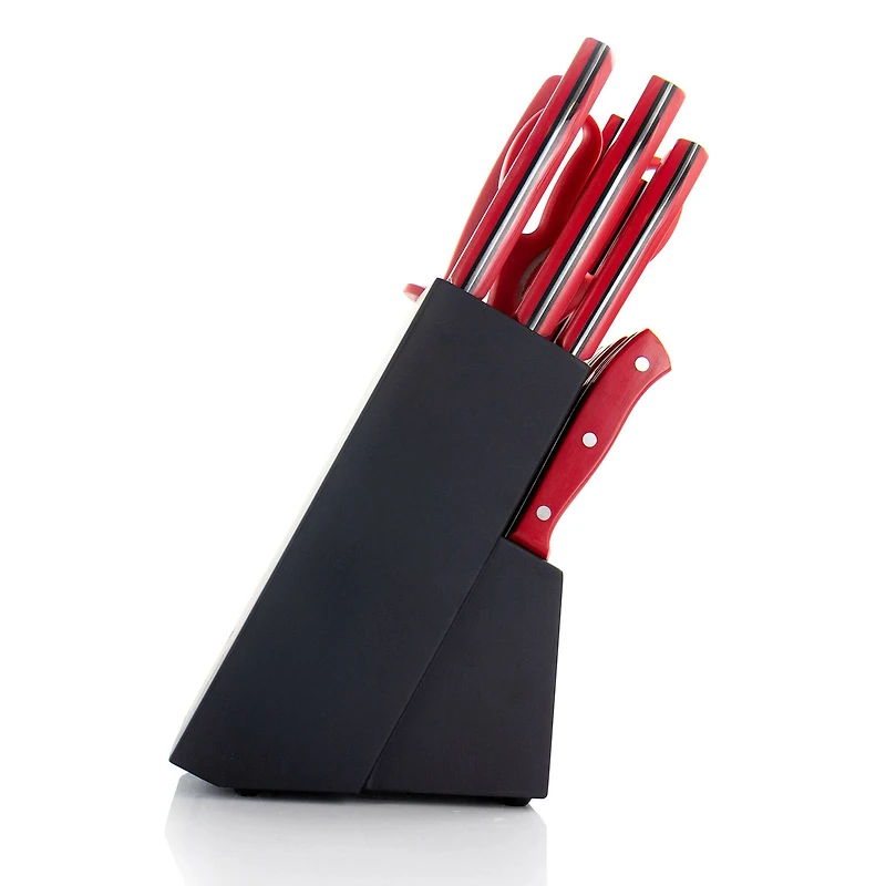 Oster Steffen 14-Piece Red Stainless Steel Cutlery Set with Hardwood Storage Block